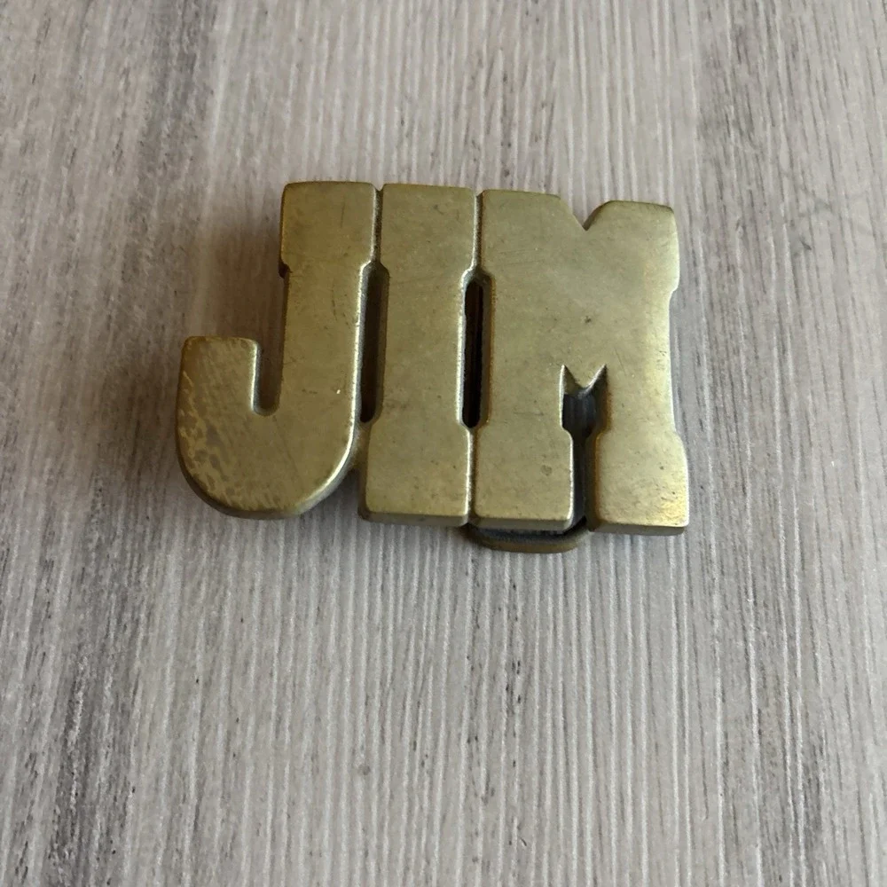 VTG Belt Buckle 70s Cut Spell Out Solid Brass Name “JIM” Taiwan PATINA